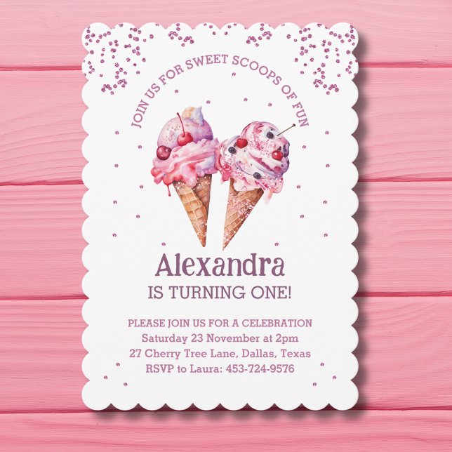 Pink Glitter Girl Ice Cream 1st Birthday Invitation (Creator Uploaded)