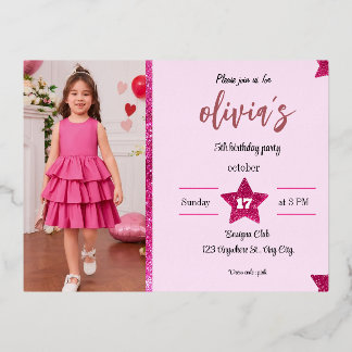pink glitter girl Pink birthday cute Foil Invitation Postcard