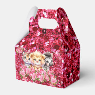 Pink Glitter GIrl's Baby Shower Wild Animals Favor Boxes