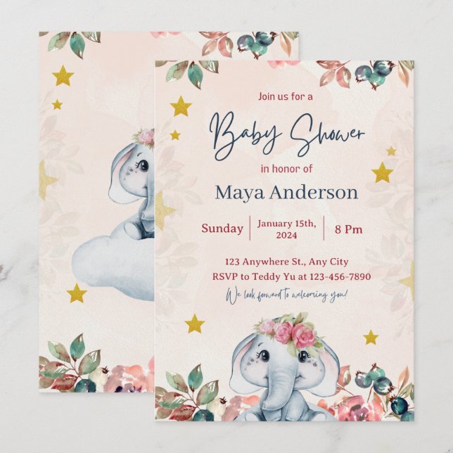 pink glitter girly cute  baby shower invitation (Front/Back)