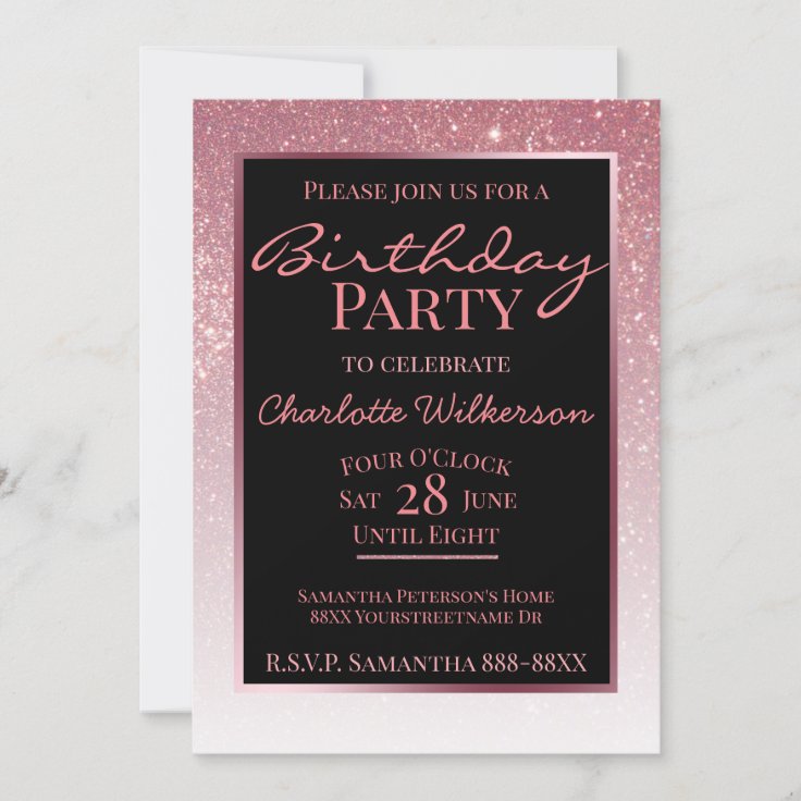 Pink Glitter Girly Glamorous Birthday Party Invitation 