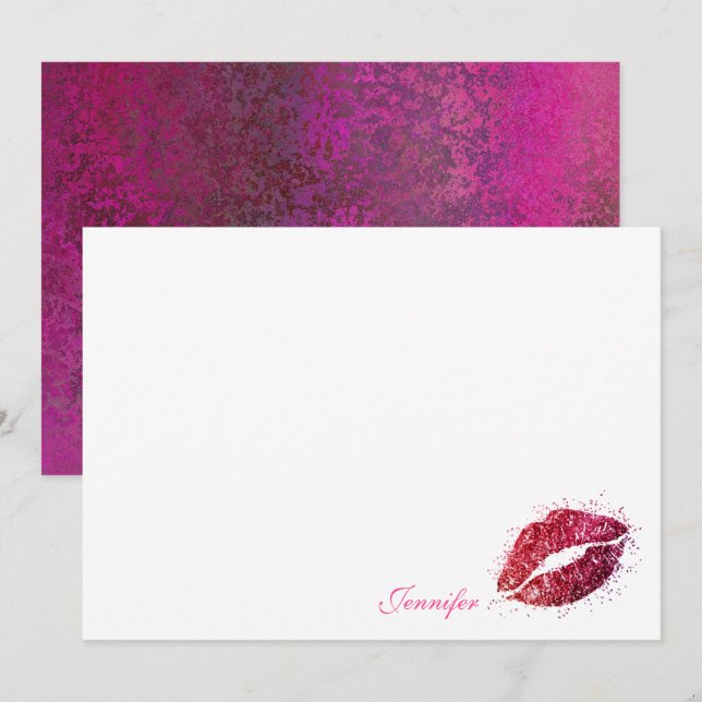 Pink Glitter Girly Lipstick Kiss Personalized Note Card (Front/Back)