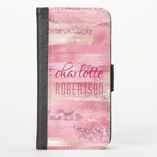 Pink Glitter Girly Shimmer Personalized Name iPhone X Wallet Case