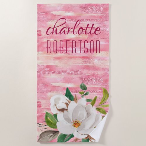 Pink Glitter Girly Shimmer Watercolor Flower Name Beach Towel