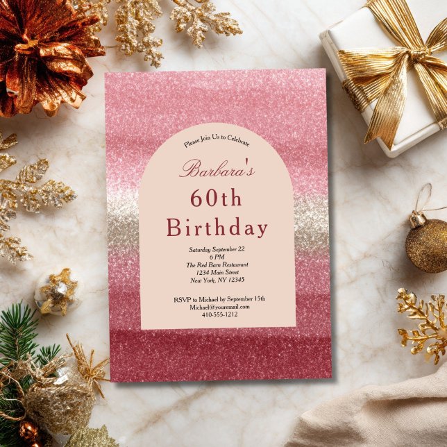 Pink Glitter Glam Bling Sparkle 60th Birthday Invitation (Shades of Pink Glitter 60th ( or any year ) birthday invitation. Printed or Digital Download)