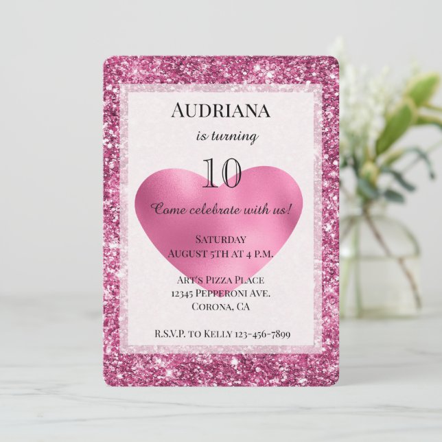 Pink Glitter Glam Heart Birthday Invitation (Standing Front)