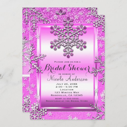 Pink Glitter Glam Winter Wonderland Snowflakes Invitation