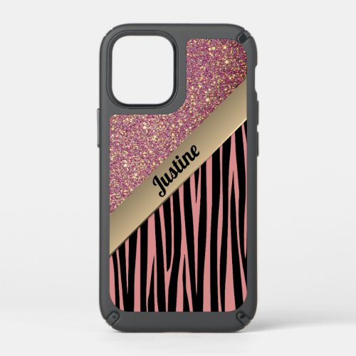 Pink Glitter Glam Zebra Print Personalized Speck iPhone 12 Mini Case