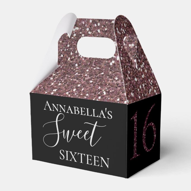 Pink Glitter Glamorous Sweet Sixteen Favor Boxes (Front Side)