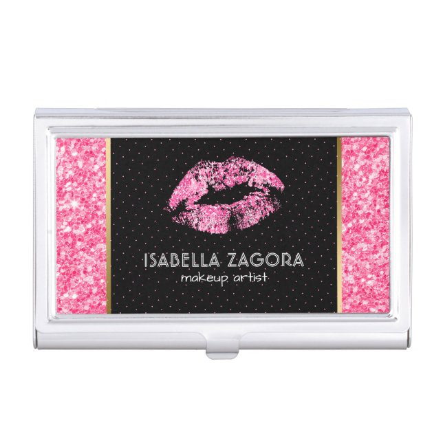 Pink Glitter & Glitter Lips Business Card Case (Front)