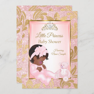 Pink Glitter Gold Baby Shower Bear Ethnic Invitation