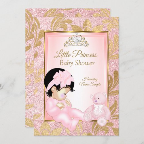 Pink Glitter Gold Baby Shower Bear Invitation