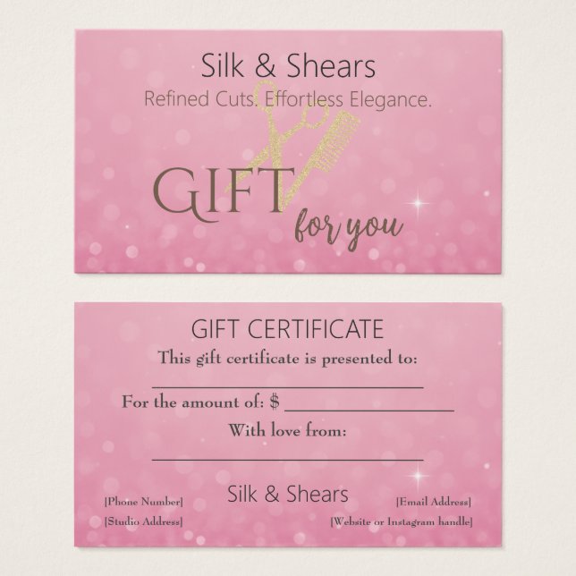 Pink Glitter & Gold Hair Studio Gift Certificate (Front & Back)