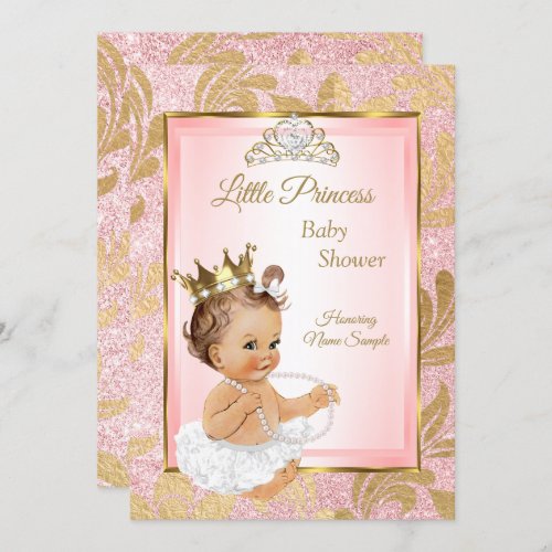 Pink Glitter Gold Princess Baby Shower Brunette Invitation