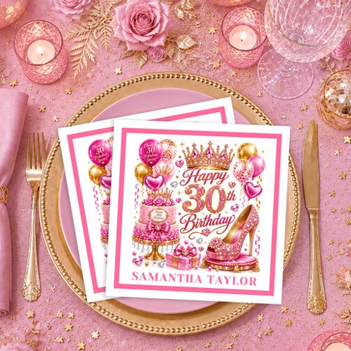 Pink Glitter Gold Sparkle 30th Birthday Napkins