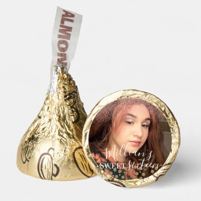 Pink Glitter Gold Sweet Sixteen Personalized Photo Hershey®'s Kisses® (Front)