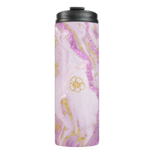 *~* Pink Glitter Gold Veins Marble Thermal Tumbler