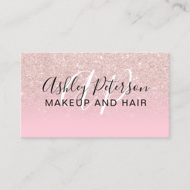 Pink glitter gradient candy monogram makeup hair business card (Front)