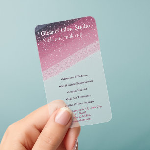 Pink glitter gradient Elegant nail salon beauty Clear Business Cards