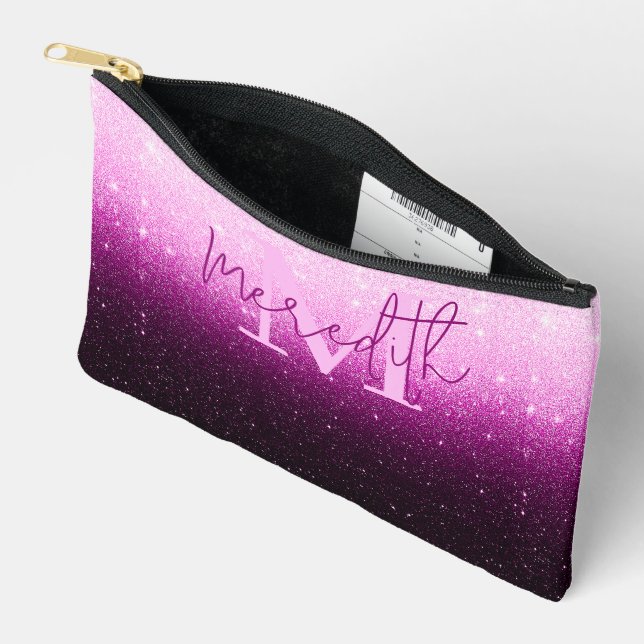 Pink glitter gradient personalized accessory pouch (Open)