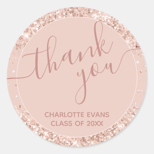 Pink Glitter Graduation Thank You Round Sticker