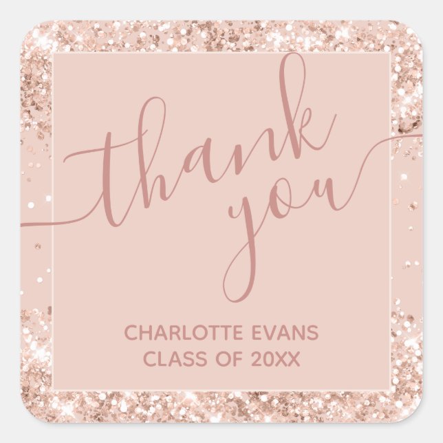 Pink Glitter Graduation Thank You Square Sticker (Front)