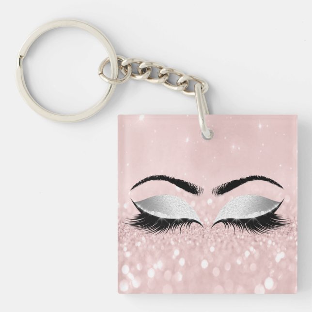 Pink Glitter Gray Girly Makeup Lashes Name Eyes Keychain (Front)