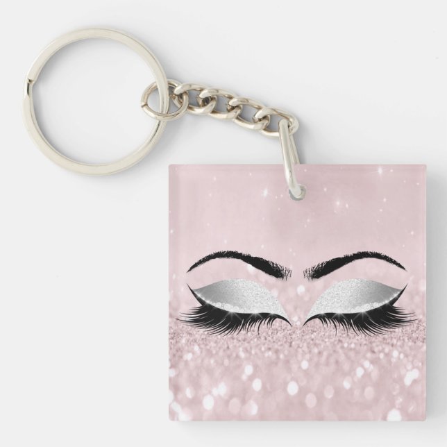 Pink Glitter Gray Girly Makeup Lashes Name Eyes Keychain (Front)