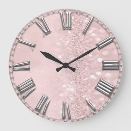 Pink Glitter Gray Metal Grey Silver Roman Numbers Large Clock