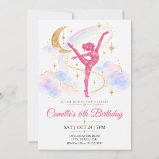 Pink Glitter Gymnast Pastel Rainbow Birthday Invitation