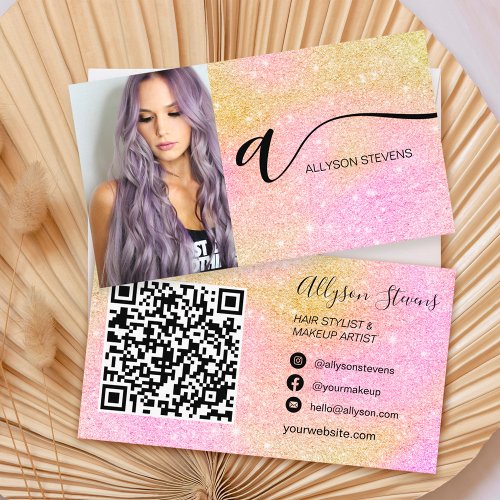 Pink glitter hair makeup photo initial qr code business card