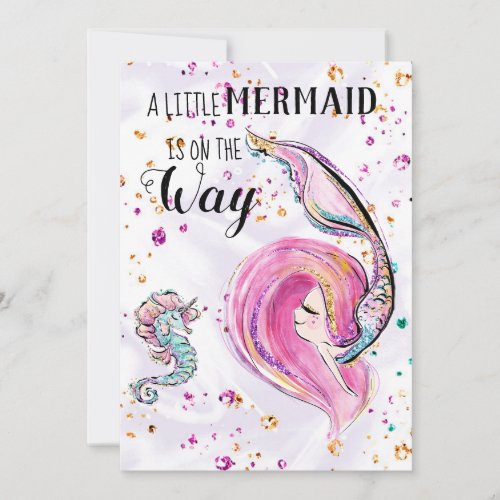 ~ Pink Glitter Hair Mermaid Baby Shower Invitation