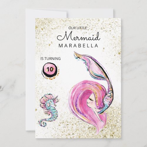 *~*  Pink Glitter Hair Mermaid Birthday Party Invitation