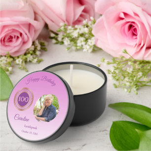 Pink Glitter Happy 100th Birthday, Photo Mini Candle Favors