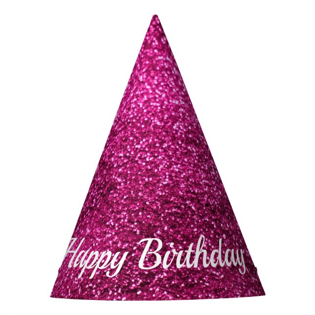 Pink Glitter Happy Birthday Party Hat (Front)
