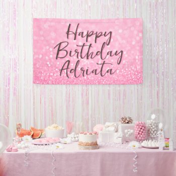 Pink Glitter Happy Birthday Personalized Custom Banner by Pip_Gerard at Zazzle