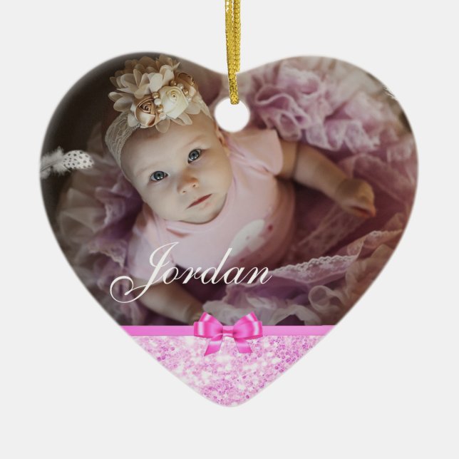 PInk Glitter Heart Baby Photo Christmas Ornament (Front)