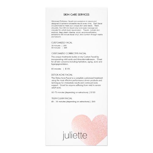 Pink Glitter Heart Esthetician  Service Price Menu