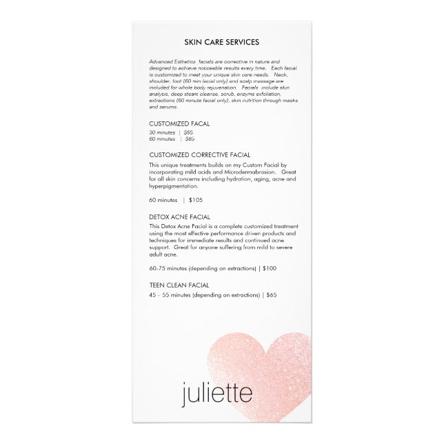 Pink Glitter Heart Esthetician  Service Price Menu (Front)