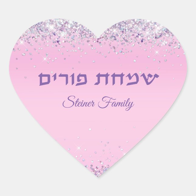 Pink Glitter Heart Happy Simchat Purim Label (Front)