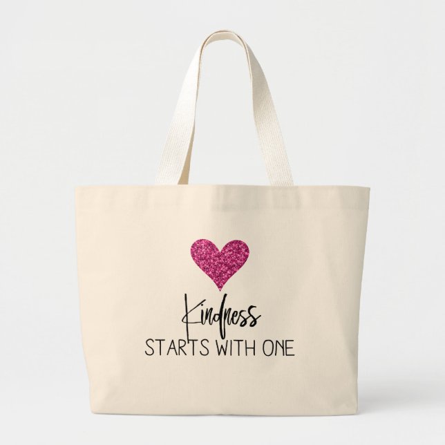 Pink Glitter Heart Kindness Large Tote Bag (Front)