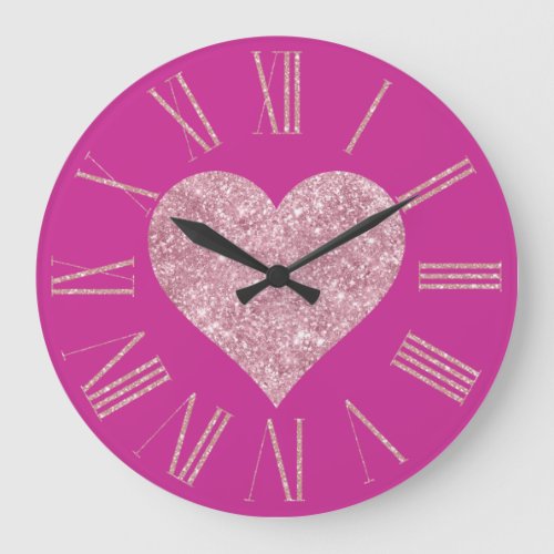 Pink Glitter Heart on Fuchsia Large Clock