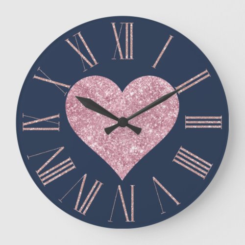 Pink Glitter Heart on Navy Blue Large Clock