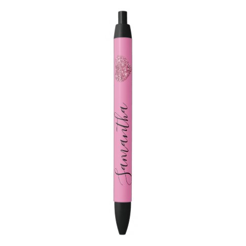 Pink Glitter Heart Personalized Name Black Ink Pen