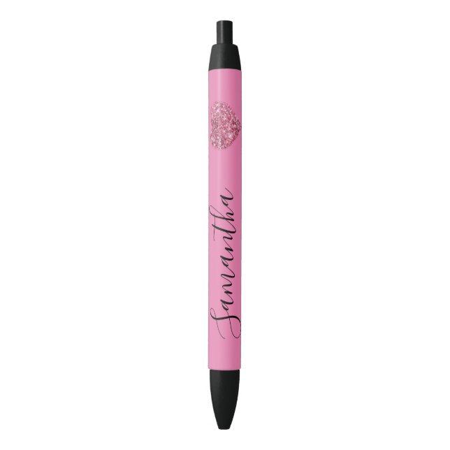 Pink Glitter Heart Personalized Name Pen (Front Vertical)