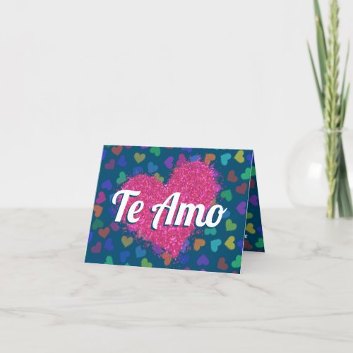Pink Glitter Heart Te Amo Typography Holiday Card