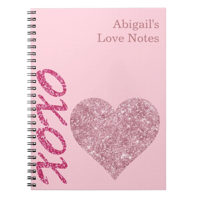 Pink Glitter Heart XOXO Custom Name Love Notes Notebook (Front)