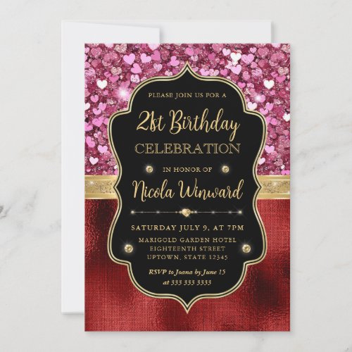 Pink Glitter Hearts and Red Foil 21st Birthday Invitation