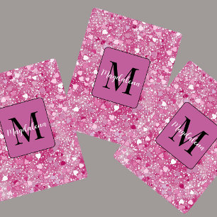 Pink Glitter Hearts Name Monogram Girly Poker Cards
