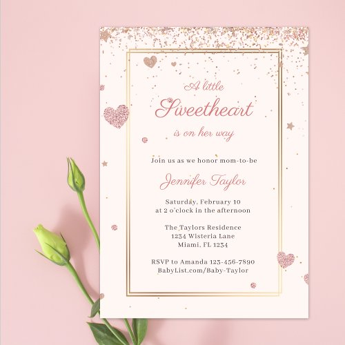 Pink Glitter Hearts Sweetheart Girl Baby Shower Invitation